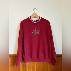 Top Stitch Vintage Double Collar Red Rose Embroidered Sweatshirt